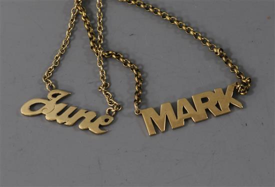 Two 9ct gold identity pendant necklaces, Mark and June.